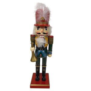 Wooden Nutcracker with Bugle Horn Feathered Cap 14"